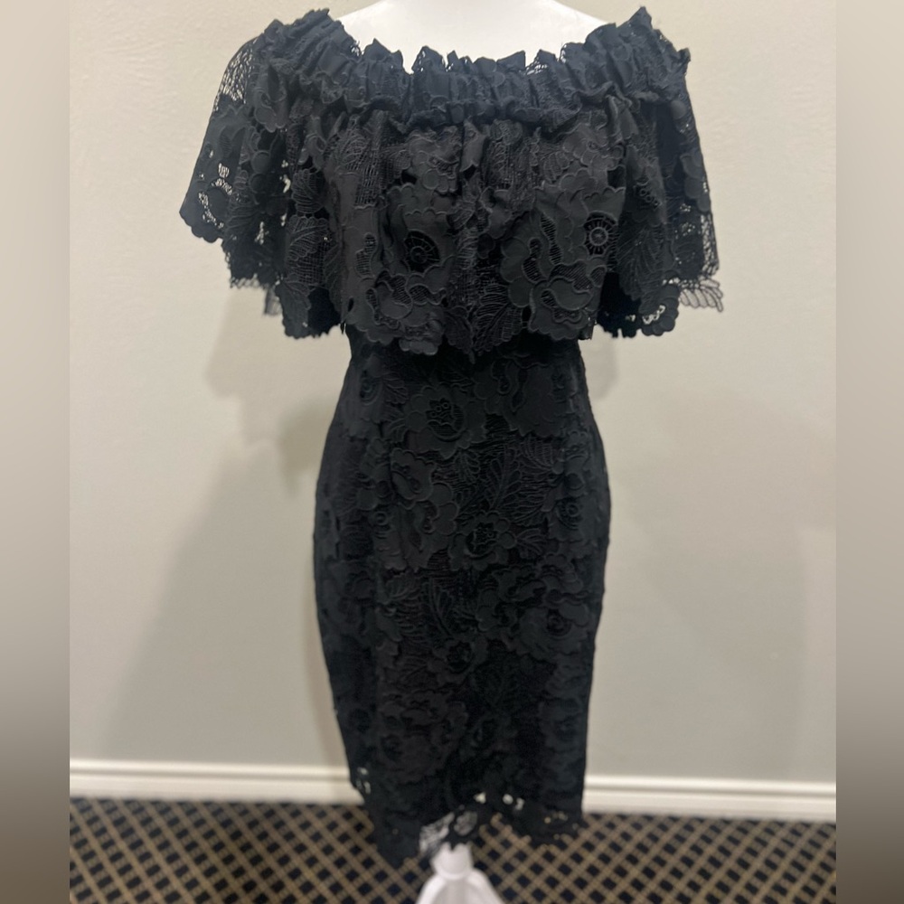 Badgley Mischka Black Floral Lace knee length Dress